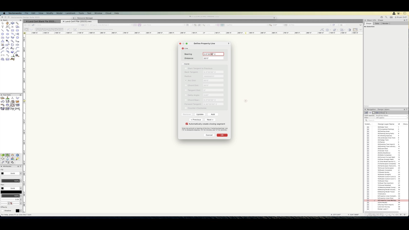 PROPERTY LINE TOOL BEARING AND DISTANCE MODE Vectorworks University